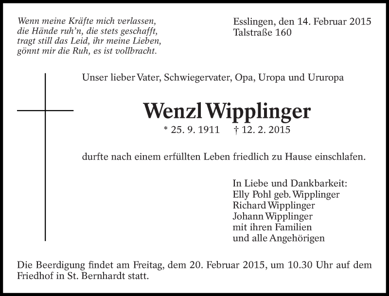  Traueranzeige für Wenzl Wipplinger vom 14.02.2015 aus Eßlinger Zeitung/Cannstatter Zeitung