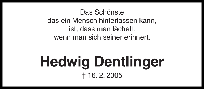  Traueranzeige für Hedwig Dentlinger vom 16.02.2015 aus Eßlinger Zeitung/Cannstatter Zeitung