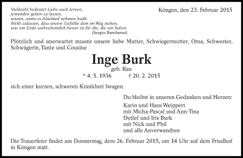 Traueranzeige von Inge Burk von Eßlinger Zeitung/Cannstatter Zeitung