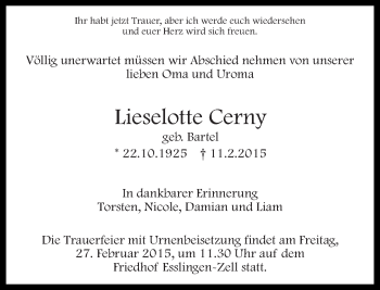 Traueranzeige von Lieselotte Cerny von Eßlinger Zeitung/Cannstatter Zeitung