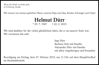 Traueranzeige von Helmut Dürr von Eßlinger Zeitung/Cannstatter Zeitung