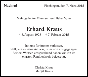 Traueranzeige von Erhard Kraus von Eßlinger Zeitung/Cannstatter Zeitung