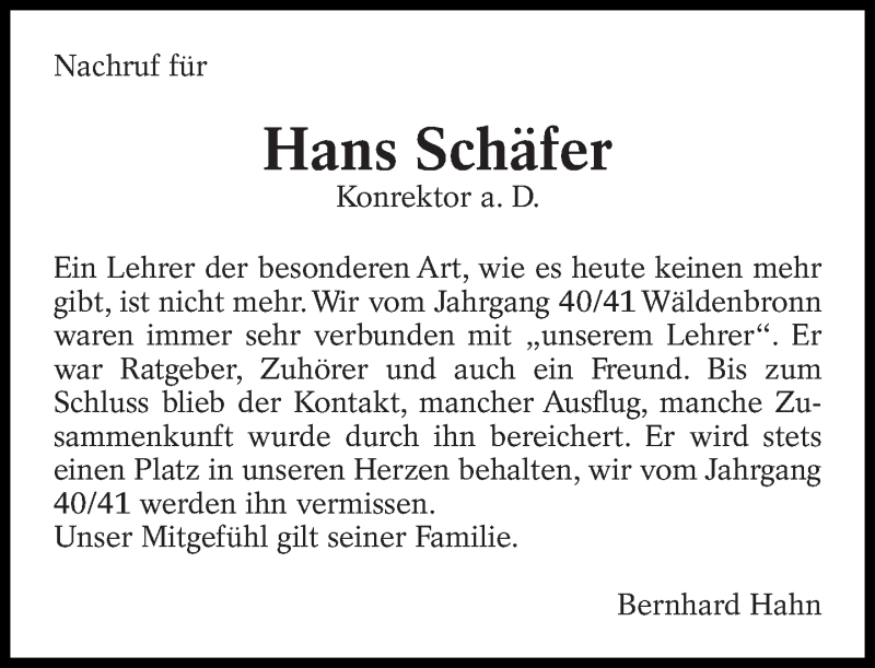  Traueranzeige für Hans Schäfer vom 01.08.2015 aus Eßlinger Zeitung/Cannstatter Zeitung