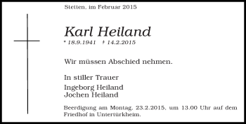 Traueranzeige von Karl Heiland von Eßlinger Zeitung/Cannstatter Zeitung