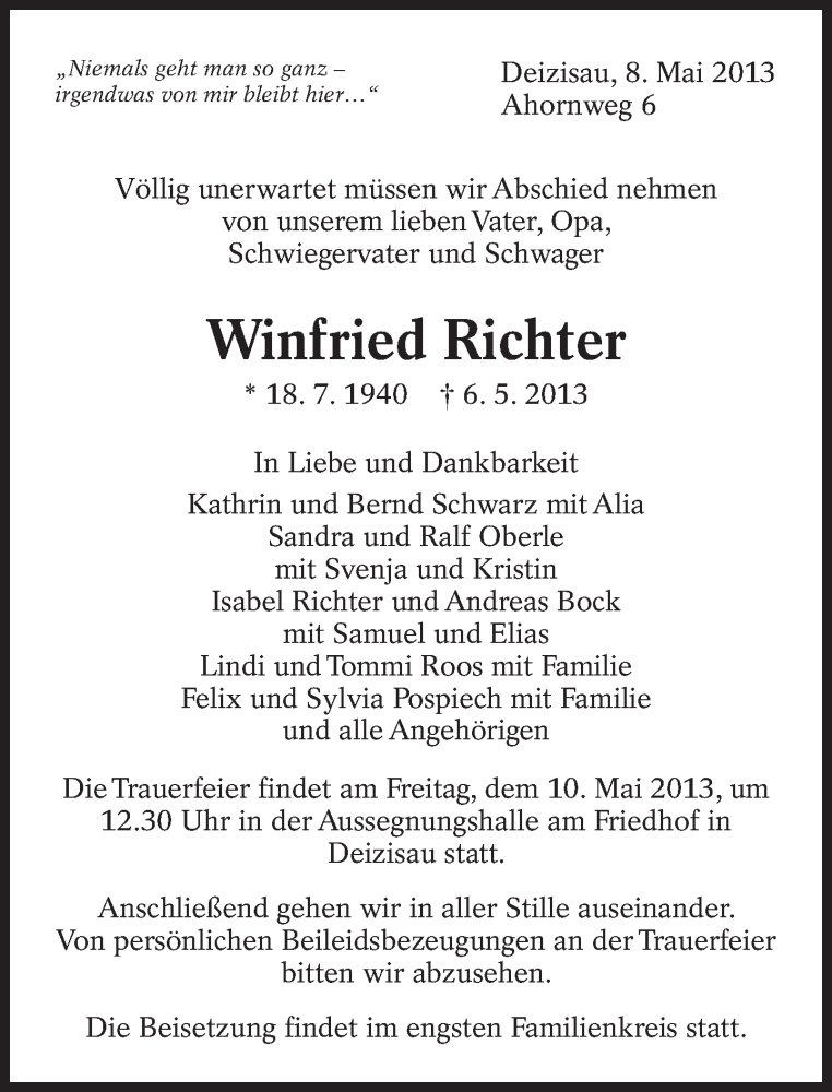  Traueranzeige für Winfried Richter vom 08.05.2013 aus Eßlinger Zeitung/Cannstatter Zeitung