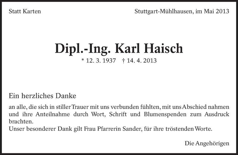  Traueranzeige für Karl Haisch vom 10.05.2013 aus Eßlinger Zeitung/Cannstatter Zeitung