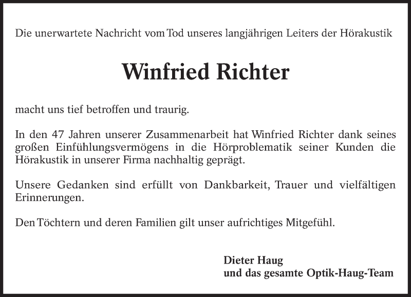  Traueranzeige für Winfried Richter vom 10.05.2013 aus Eßlinger Zeitung/Cannstatter Zeitung