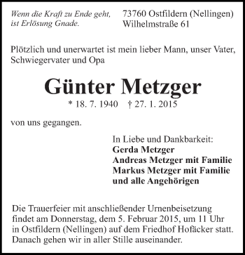 Traueranzeige von Günter Metzger von Eßlinger Zeitung/Cannstatter Zeitung