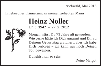 Traueranzeige von Heinz Noller von Eßlinger Zeitung/Cannstatter Zeitung