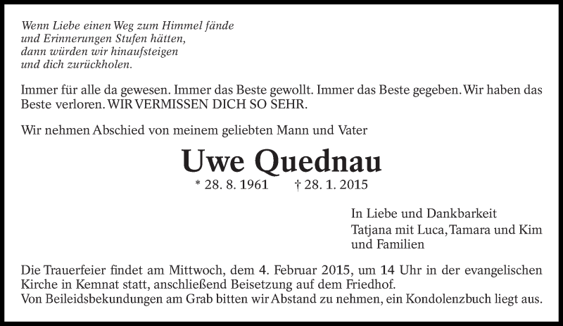  Traueranzeige für Uwe Quednau vom 31.01.2015 aus Eßlinger Zeitung/Cannstatter Zeitung