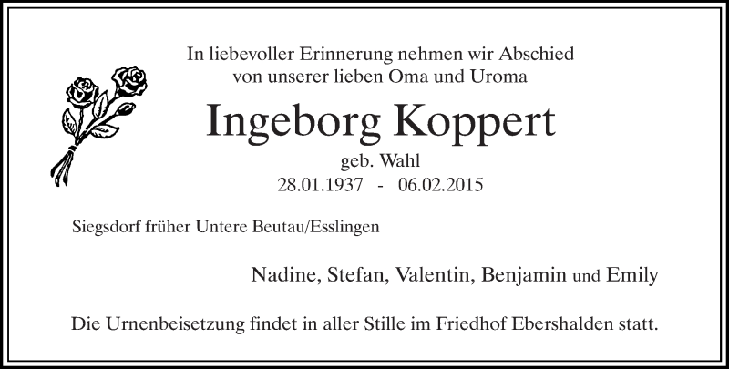  Traueranzeige für Ingeborg Koppert vom 07.02.2015 aus Eßlinger Zeitung/Cannstatter Zeitung