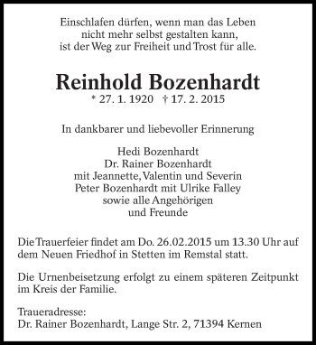 Traueranzeige von Reinhold Bozenhardt von Eßlinger Zeitung/Cannstatter Zeitung