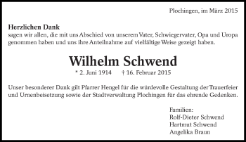 Traueranzeige von Wilhelm Schwend von Eßlinger Zeitung/Cannstatter Zeitung