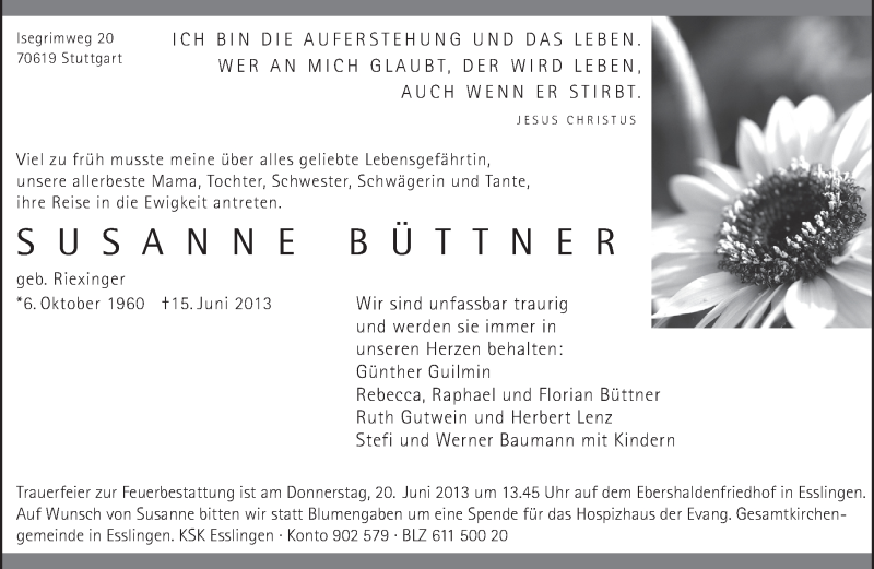  Traueranzeige für Susanne Büttner vom 18.06.2013 aus Eßlinger Zeitung/Cannstatter Zeitung