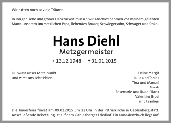 Traueranzeige von Hans Diehl von Eßlinger Zeitung/Cannstatter Zeitung