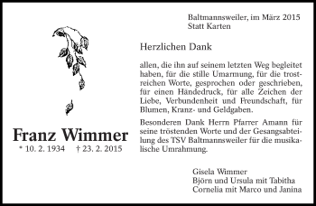 Traueranzeige von Franz Wimmer von Eßlinger Zeitung/Cannstatter Zeitung