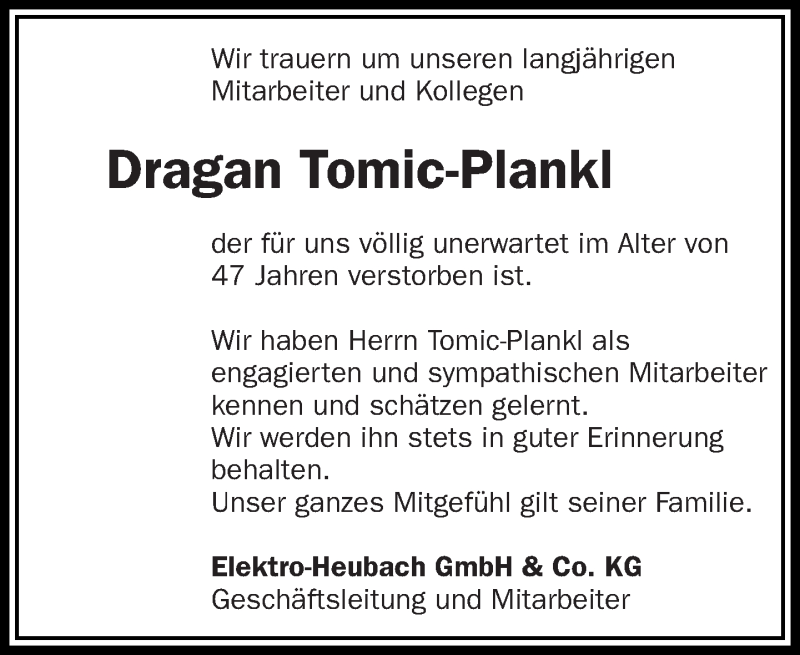  Traueranzeige für Dragan Tomic-Plankl vom 28.01.2015 aus Eßlinger Zeitung/Cannstatter Zeitung
