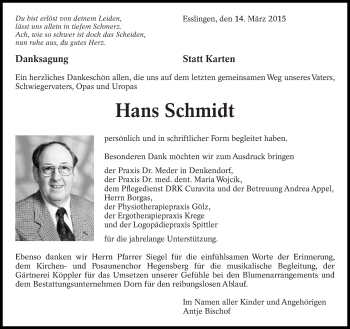Traueranzeige von Hans Schmidt von Eßlinger Zeitung/Cannstatter Zeitung