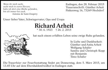 Traueranzeige von Richard Arheit von Eßlinger Zeitung/Cannstatter Zeitung