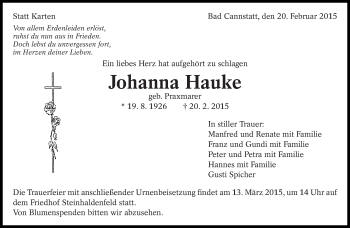 Traueranzeige von Johanna Hauke von Eßlinger Zeitung/Cannstatter Zeitung