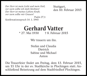 Traueranzeige von Gerhard Vatter von Eßlinger Zeitung/Cannstatter Zeitung