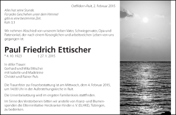 Traueranzeige von Paul Friedrich Ettischer von Eßlinger Zeitung/Cannstatter Zeitung
