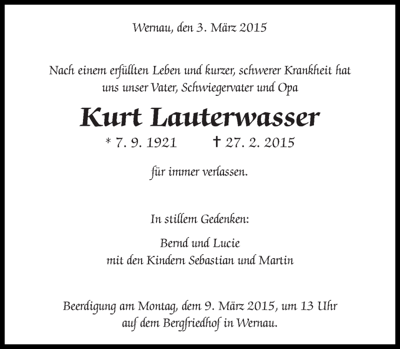  Traueranzeige für Kurt Lauterwasser vom 03.03.2015 aus Eßlinger Zeitung/Cannstatter Zeitung
