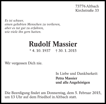 Traueranzeige von Rudolf Massier von Eßlinger Zeitung/Cannstatter Zeitung