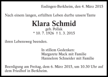 Traueranzeige von Klara Schmid von Eßlinger Zeitung/Cannstatter Zeitung