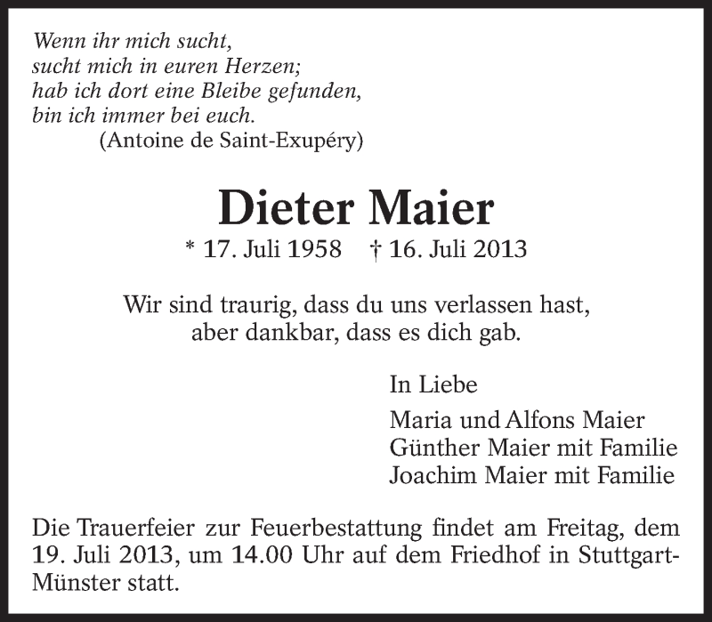  Traueranzeige für Dieter Maier vom 18.07.2013 aus Eßlinger Zeitung/Cannstatter Zeitung