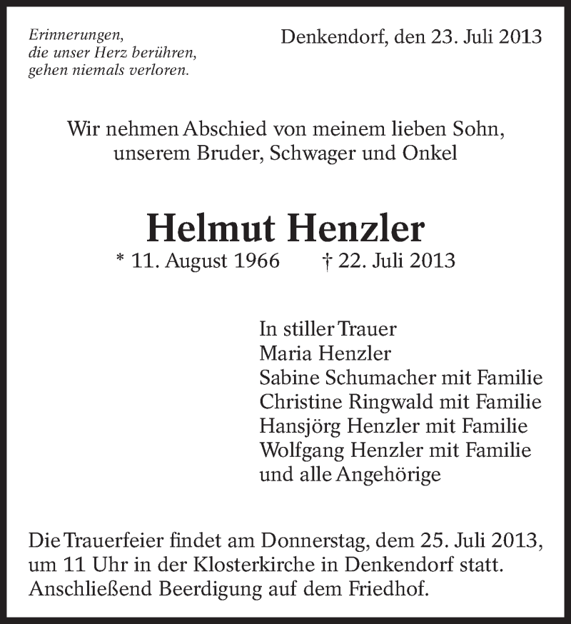  Traueranzeige für Helmut Henzler vom 23.07.2013 aus Eßlinger Zeitung/Cannstatter Zeitung