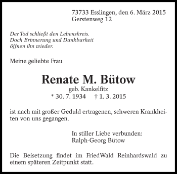 Traueranzeige von Renate M. Bütow von Eßlinger Zeitung/Cannstatter Zeitung