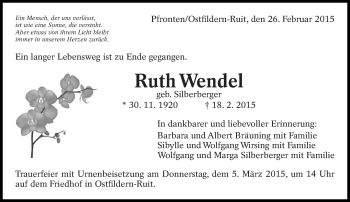 Traueranzeige von Ruth Wendel von Eßlinger Zeitung/Cannstatter Zeitung