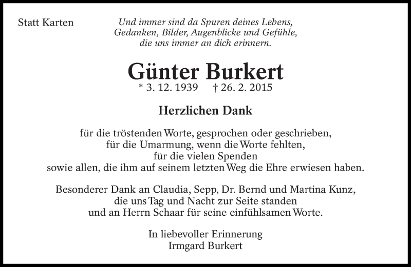  Traueranzeige für Günter Burkert vom 23.03.2015 aus Eßlinger Zeitung/Cannstatter Zeitung