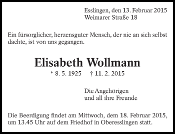 Traueranzeige von Elisabeth Wollmann von Eßlinger Zeitung/Cannstatter Zeitung