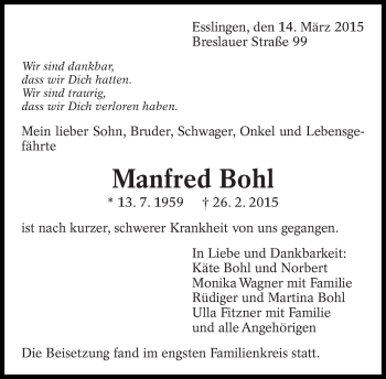 Traueranzeige von Manfred Bohl von Eßlinger Zeitung/Cannstatter Zeitung