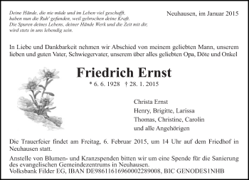 Traueranzeige von Friedrich Ernst von Eßlinger Zeitung/Cannstatter Zeitung