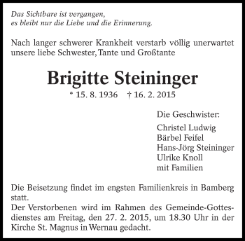 Traueranzeige von Brigitte Steininger von Eßlinger Zeitung/Cannstatter Zeitung