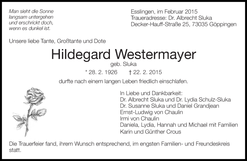  Traueranzeige für Hildegard Westermayer vom 28.02.2015 aus Eßlinger Zeitung/Cannstatter Zeitung