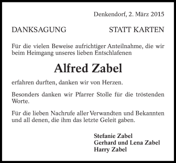 Traueranzeige von Alfred Zabel von Eßlinger Zeitung/Cannstatter Zeitung