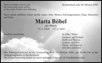 Traueranzeige von Marta Böbel von Eßlinger Zeitung/Cannstatter Zeitung
