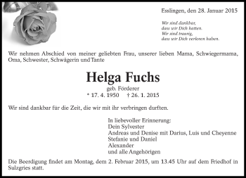 Traueranzeige von Helga Fuchs von Eßlinger Zeitung/Cannstatter Zeitung