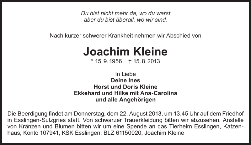  Traueranzeige für Joachim Kleine vom 20.08.2013 aus Eßlinger Zeitung/Cannstatter Zeitung
