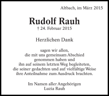 Traueranzeige von Rudolf Rauh von Eßlinger Zeitung/Cannstatter Zeitung