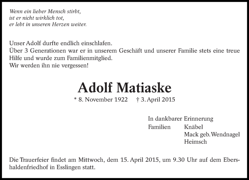 Traueranzeigen von Adolf Matiaske zeitdesgedenkens.de