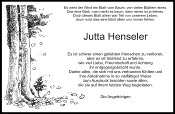 Traueranzeige von Jutta Henseler von Eßlinger Zeitung/Cannstatter Zeitung