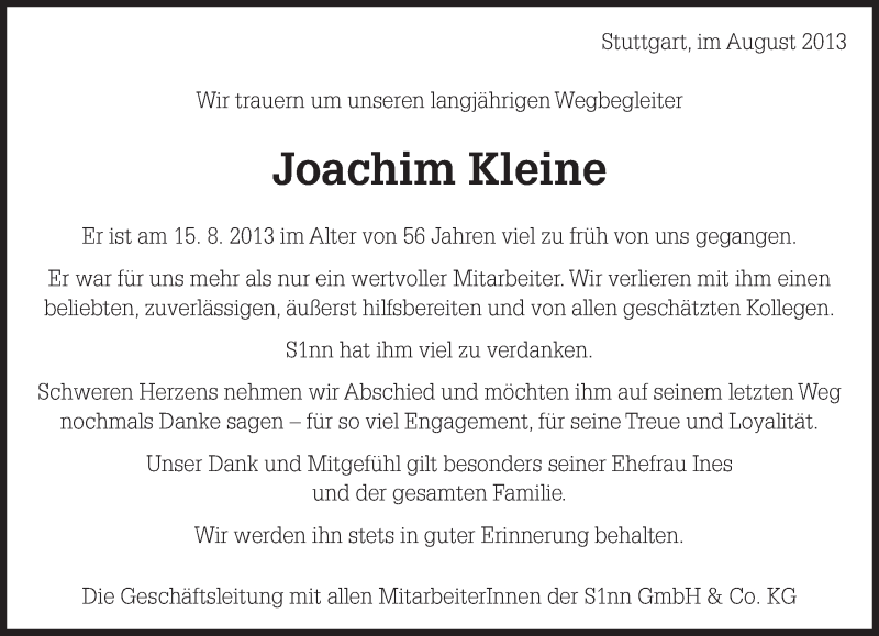  Traueranzeige für Joachim Kleine vom 24.08.2013 aus Eßlinger Zeitung/Cannstatter Zeitung