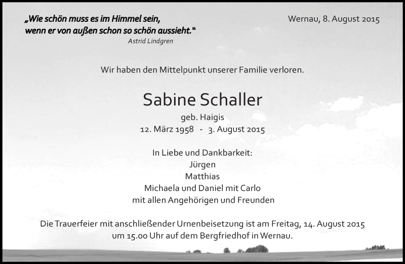  Traueranzeige für Sabine Schaller vom 08.08.2015 aus Eßlinger Zeitung/Cannstatter Zeitung