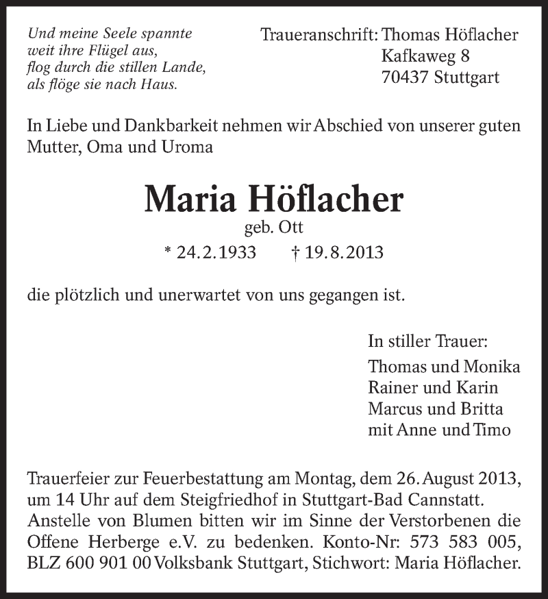  Traueranzeige für Maria Höflacher vom 22.08.2013 aus Eßlinger Zeitung/Cannstatter Zeitung