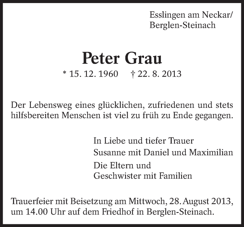  Traueranzeige für Peter Grau vom 27.08.2013 aus Eßlinger Zeitung/Cannstatter Zeitung
